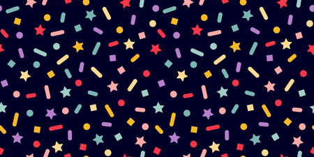 Vector Seamless Pattern with Color Sprinkles. Colorful Carnaval Confetti Texture. Cake, Ice Cream and Donut Topping Illustration. Funny Dark Backgroundのイラスト素材