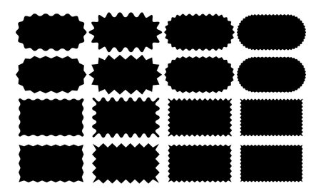 Set of Zigzag and Wavy Geometric Shapes. Vector Rectangle and Oval Elements with Curve Edge. Abstract Zig Zag Shapes with Scallop for Stickers, Badges, Posters, Chevron, Labels and Decorationのイラスト素材