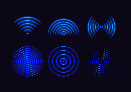 Abstract Wifi Signal Waves. Sound Effect Icon. Vector Blue Light Radar. Tech Sensor Circle Symbolのイラスト素材