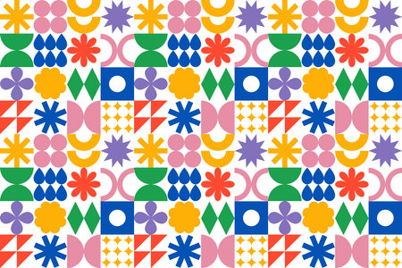 Colorful Summer Seamless Pattern with Irregular Funny Geometric Shapes. Abstract Vector Trendy Graphic in Cute Retro Style. Design with Simple Modern Patch Elementsのイラスト素材