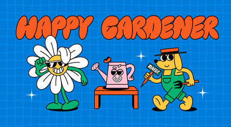 Set of Funny Characters in Garden. Retro Illustration of Cute Gardener, Daisy Flower Plant and Watering Can. Characters in Groovy Vintage Style. Garden, Gardener and Gardening Vector Stickersのイラスト素材