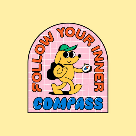 Abstract Groovy Sticker in Retro Style with Dog, Compass and Motivation Quote. Vector Vintage Cartoon Character Illustration. Outdoor Summer Camp Logoのイラスト素材