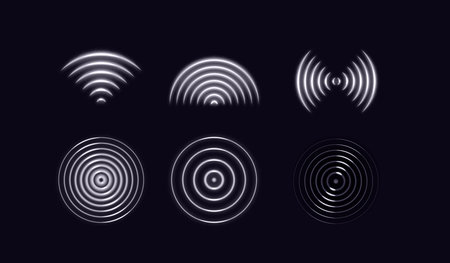 Abstract Wifi Signal Waves. Sound Effect Icon. Vector Glow Light Radar. Tech Sensor Circle Symbolのイラスト素材