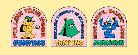 Cartoon Retro Characters Set with Trippy Illustrations. Vintage Fun Doodle Stickers About Camping. Vector Funny Y2k Cute Illustrations with Quotesのイラスト素材
