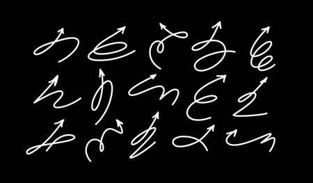 Hand-Drawn Set of Vector Doodle Arrows: Elegant Comic Elements Isolated on a Black Backgroundのイラスト素材