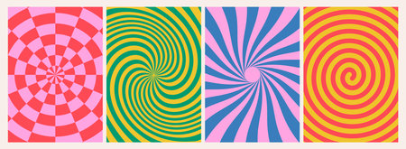 Psychedelic Swirl Radial Pattern. Retro Waves, Spiral, Burst, Swirl, Twirl Background. Abstract Vector Groovy Carnival Textureのイラスト素材