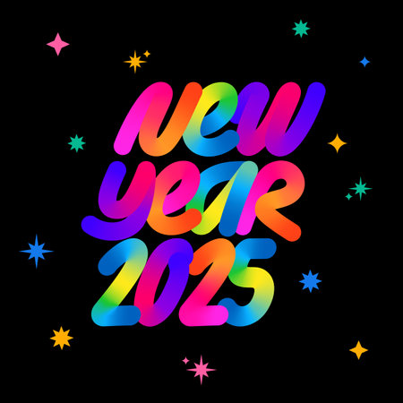 Bright New Year Card with Colorful Letters and Stars. Vector 2025 Happy New Year Illustration. Neon Line Design Elementのイラスト素材