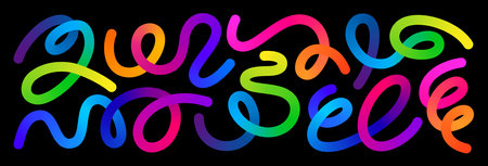 Set of Swirl Rainbow Colored Gradient Lines. Squiggle Doodle Waves for Carnival Decoration, Celebration and Parties. Fun Curve Neon Graphic Shapesのイラスト素材