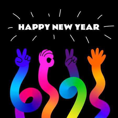 New Year 2025 Creative Poster with Bright Rainbow-Colored Hands Counting the Numerals of the Yearのイラスト素材