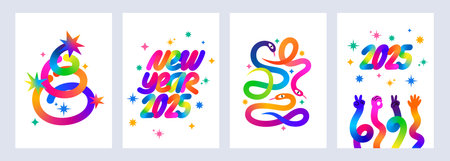 Set of Colorful New Year 2025 Backgrounds. Abstract Posters with Rainbow Christmas Tree, New Years Lettering, Snakes - Symbol of the Year and Wavy Hands. Swirl Gradient Vector Line Shapesのイラスト素材