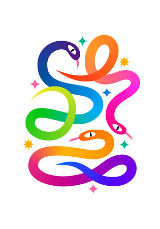 Colorful Vector Snakes - Symbol of 2025 New Year. Abstract Illustration of Gradient Colored Serpents with Starsのイラスト素材