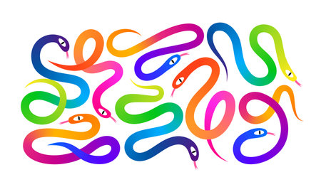 Set of Colorful Cute Snakes. Vector Chinese 2025 Happy New Year Symbol. Abstract Isolated Snake Illustration with Gradient. Cartoon Graphic Design Elementのイラスト素材