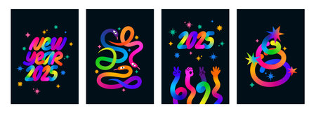 2025 Happy New Year Vector Background Set. Abstract Modern Cards with Abstract Geometric Illustrations. Color Gradient Line Shapes. Christmas Design Elements Conceptのイラスト素材