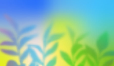 Spring Background with Gradient and Leaves. Abstract Color Bg. Blue and Green Blur Texture. Shadow of Summer Plants Illustration. Pastel Colored Pattern. Spring Poster Designのイラスト素材