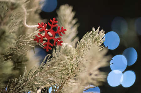 Detail of a red, wooden snowflake decorating an indoor Christmas treeの写真素材
