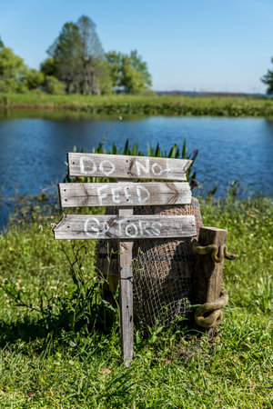 'Do not feed the Gators' wooden sign post, beside a lake in the American deep southの写真素材