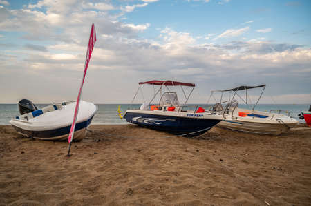 Small boats for rent, on a beach in Corfu, Greeceのeditorial素材