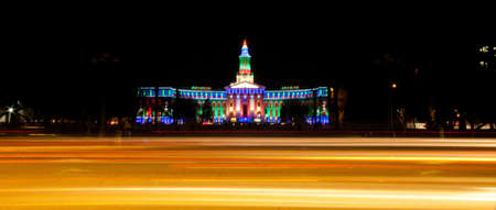 Government Building Lit For Christmas With Light Trailsの写真素材