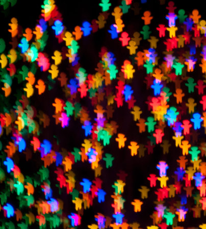Red, Blue, Green, Pink, Purple, Yellow Gingerbread Man Christmas Lights Bokeh