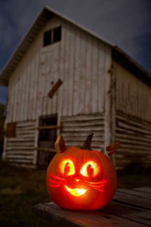 Kitty Cat Jack-O-Lantern on a Picnic Table With Barnの写真素材