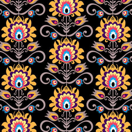 floral folk black backgroundのイラスト素材