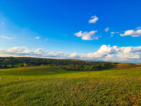 field and blue sky with clouds