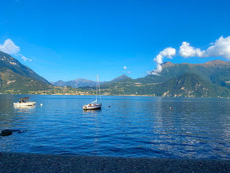 Lake Como, boats on the lakeの写真素材