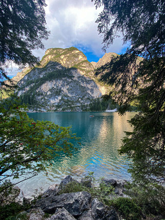 Lago di Braies. Italy, mountain lake and mountains