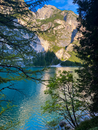 Lago di Braies. Italy. lake in the mountainsの写真素材