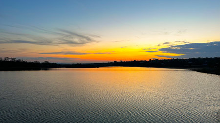 sunset over the lakeの写真素材