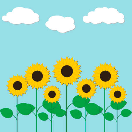 Vector illustration with sunflowers and cloudsのイラスト素材