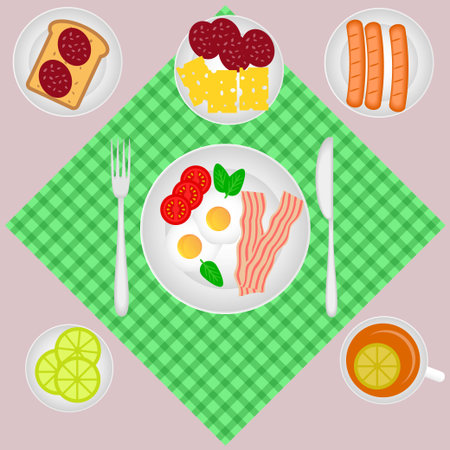 Breakfast set with tea, lemon, bacon and eggs. Vector illustrationのイラスト素材