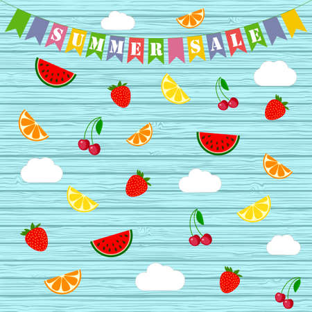 Summer sale blue wooden background with fruits and flags, vectorのイラスト素材