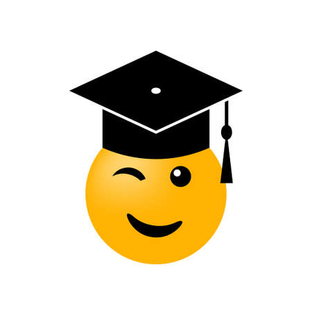 Emoticon graduate icon in academic hat on white background. Vector illustrationのイラスト素材