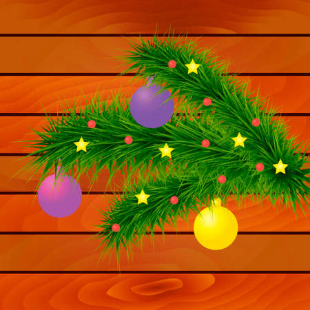 Christmas Tree and colorful balls on wooden background. Vector illustrationのイラスト素材