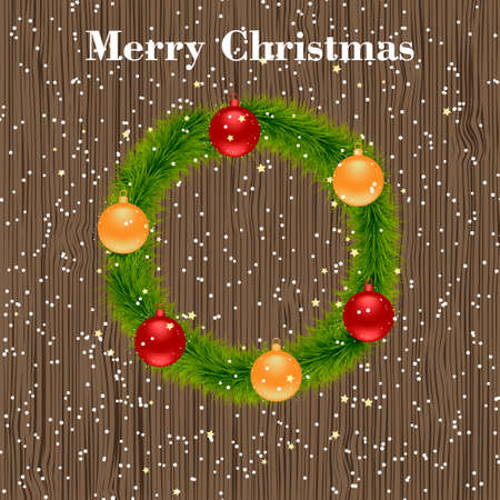 Christmas wreath on a wooden background. Christmas decoration on wooden background. Vector illustrationのイラスト素材