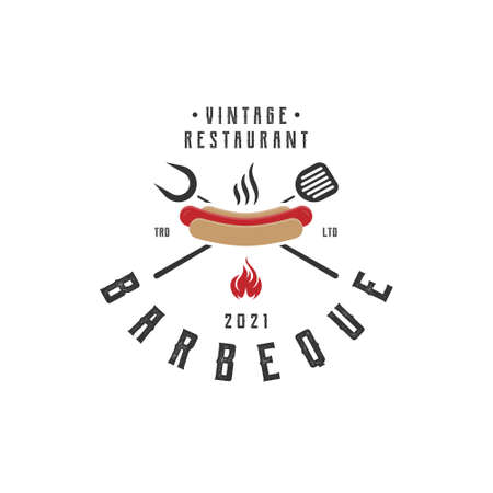Vintage Retro rustic BBQ Grill, Barbecue, Barbeque Logo design vectorのイラスト素材