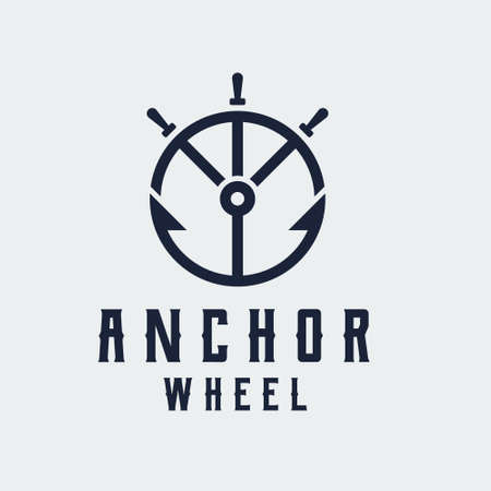 anchor and ship wheel line art logo design templateのイラスト素材