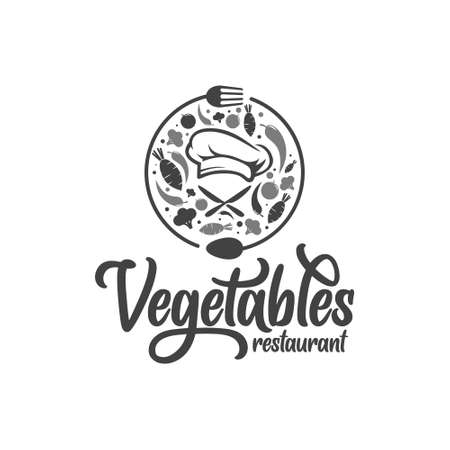 restaurant logo design vector with chef hat,table knife, fork, spoon and many vegetables aroundのイラスト素材