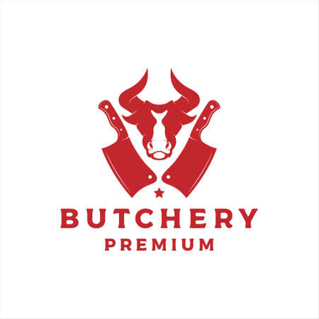 butchery logo design vector with bull head and knife iconのイラスト素材