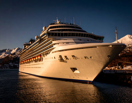 Cruise ship in the port of Lofoten islands, Norwayの素材