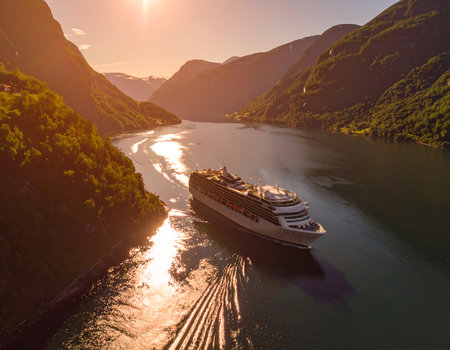 Cruise ship in Geiranger fjord at sunset, Norwayの素材