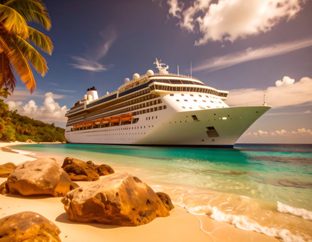 Cruise ship on tropical beach at Seychelles, Maheの素材