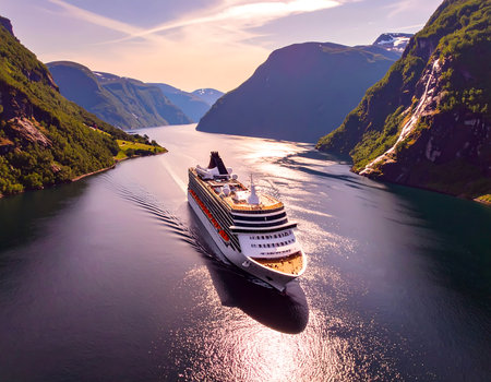 Cruise ship in Geiranger fjord, Norway.の素材