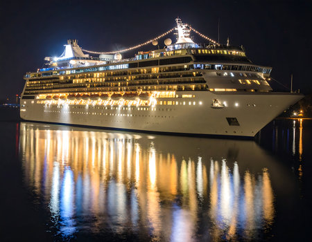 Cruise ship in the port of Gdansk at night, Polandの素材