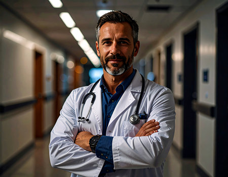 Portrait of a doctor with stethoscope in a hospital corridor.の素材