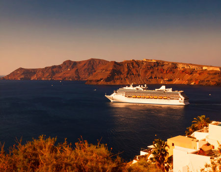 Cruise ship in the caldera of Santorini, Greeceの素材