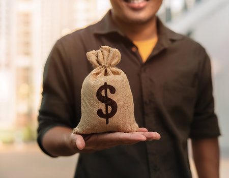 Young man holding a money bag with a dollar sign in it.の素材