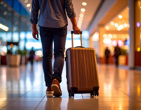 Young man with a suitcase at the airport. Travel and tourism concept.の素材