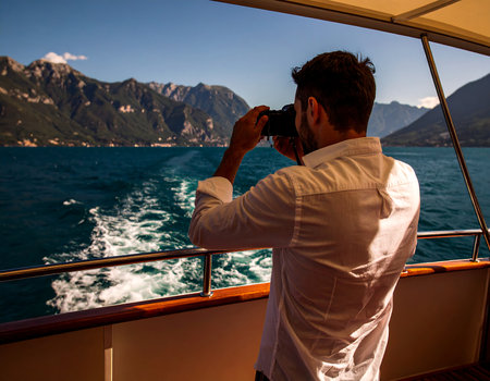 Young man taking photos on a cruise ship on Lake Garda, Italyの素材
